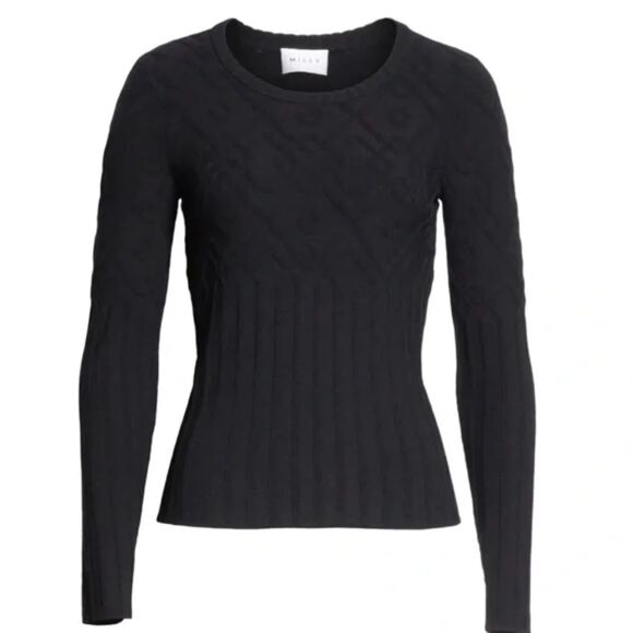 EUC‎ MILLY Black Geometric Ribbed Knit Sweater Top Size Small Stretchy Crew Neck - Picture 2 of 13